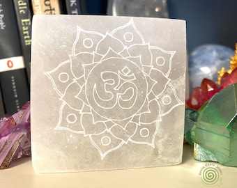 SELENITE Lotus Flower OM Plate, Crystal Grid, Laser Etched, White Selenite, Altar Tools, Carved Selenite