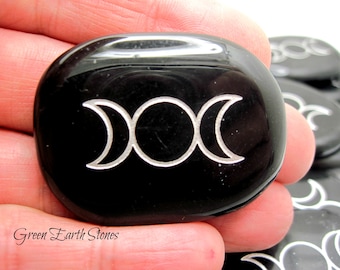 Magical! Triple Moon Goddess Palm Stone, Black Obsidian, Goddess, Feminine Divine, Pagan, Wiccan, Psychic Stone,