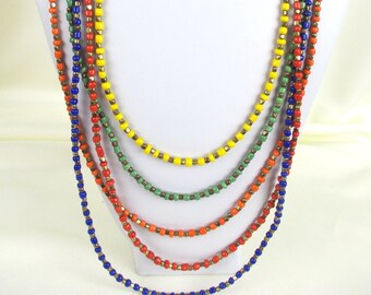 Bright Colorful Multi 5 Strand Seed Bead Metal Glass Plastic~ Rainbow of Colors   34" long ~ Great Accent Red Orange Green Blue Metal Boho
