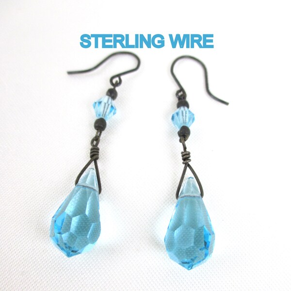 Crystal Blue Teardrop Dangle Sterling Silver Earrings Sparkling Faceted Hand Made  1 3/4" (4.44cm) long -Giftable- Unpolished Silver