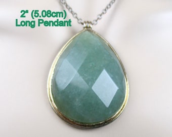 Jade Green Agate Teardrop Faceted Dome Stone Pendant in Gold Tone Frame on -2"(5.089cm) Pendant -30"Necklace