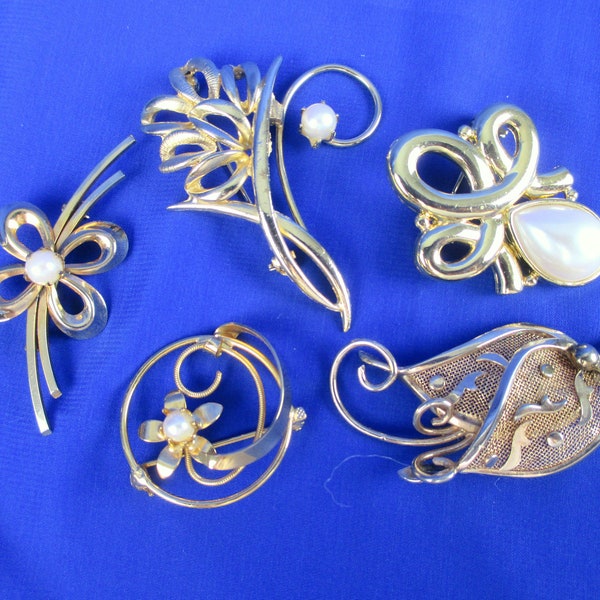 Lot 5 Vtg Gold Tone Brooches Pins inc Brooks & Bal-Ron 12kGF  Wear - Gift - Re-sell all Very Good Condition~ Some Faux Pearls