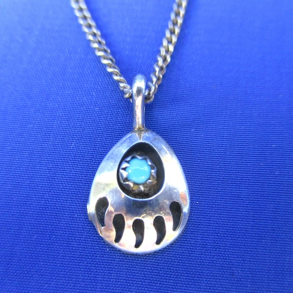 Southwest Sterling Silver Bear Paw Pendant Sleeping Turquoise Cab Shadow Box Native American Navajo Old Pawn  Chain 19" long Hand Made