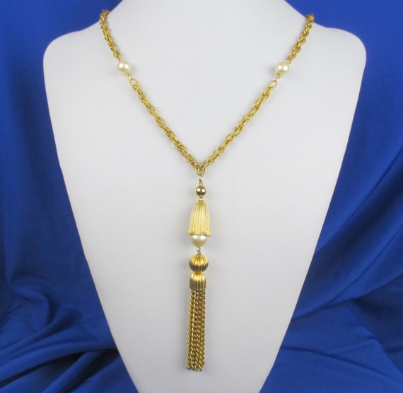 Vtg Gold Tone Dangle Tassel Pendant With Pearl on Textured - Etsy
