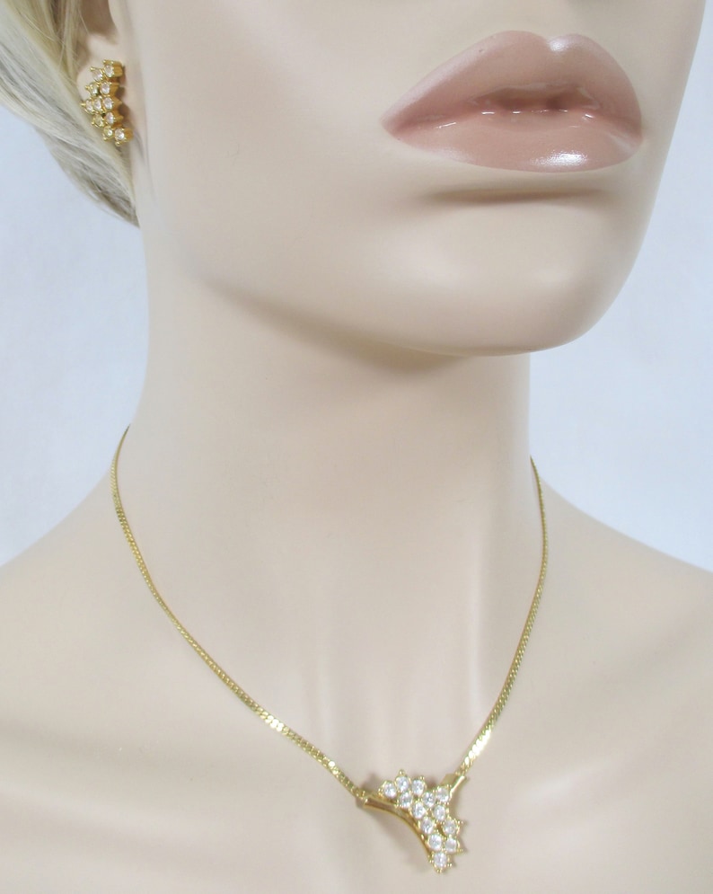 AVON ~Vtg Set Cascading Waterfall Gold Tone Clear Rhinestone Choker Necklace /& Post Earrings Cocktail Collection Excellent Jewelry 1989
