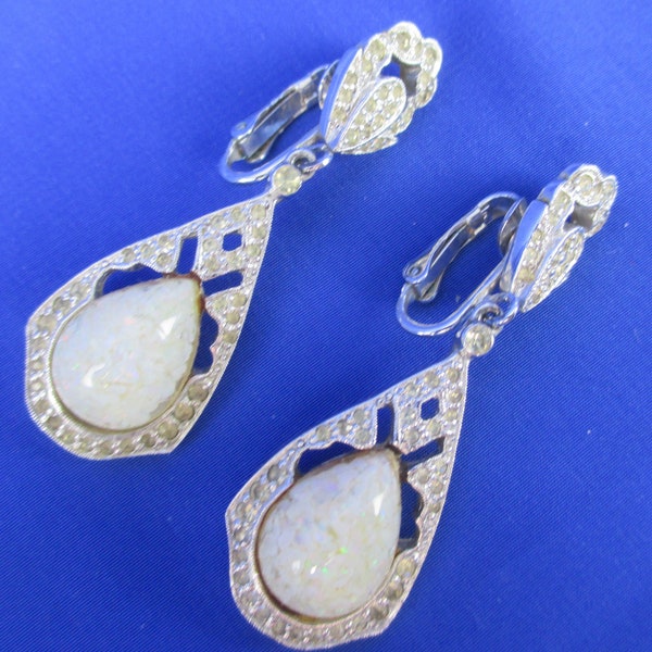 POLCINI ~Vtg Pave Clear Rhinestones Confetti Opal Lucite Pear Cab Dangle Clip Silver Tone Earrings~ Art Deco 1960s Glam~Bridal Something Old