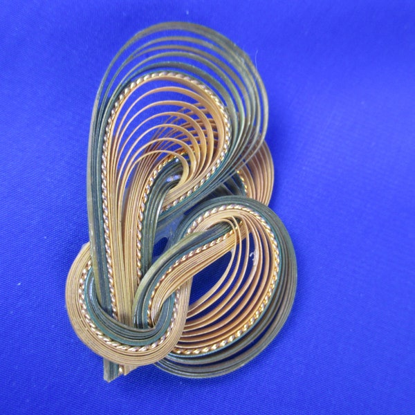 Reed Swirl Fan Pin/ Brooch -Beige Green Gold Accent Thread Delicate & Light- Hand Made -Naturalist, Nature Lover - 2" Long