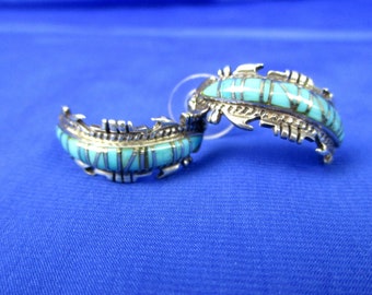 Sleeping Turquoise Southwest Sterling Silver Inlay Curved Hoop Feather Like Post Earrings 7/8" (2.22cm) Dia ~Colorado ~Sign CGA