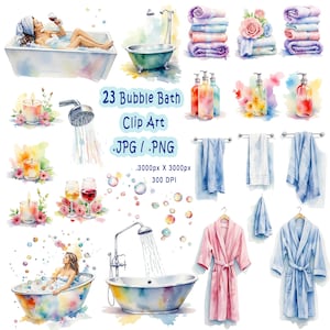 Paquete de imágenes prediseñadas de baño de burbujas, elementos de baño en acuarela