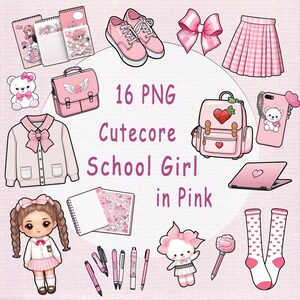 Cute Core School Girl em rosa PNG Clip art Set