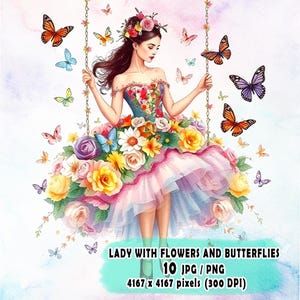 Clipart Dame avec des fleurs et des papillons