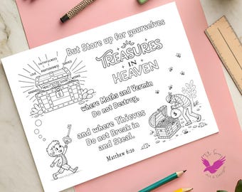 Puede incluir: Página para colorear en blanco y negro con el texto "But Store up for yourselves Treasures in Heaven". La página presenta ilustraciones de un cofre del tesoro, un niño con una llave y un ladrón. Lápices de colores y una regla sobre una superficie rosa.