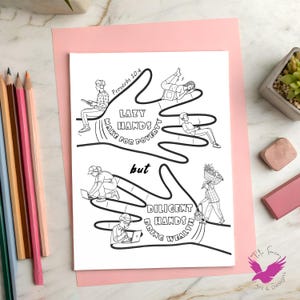 May include: Black and white line art print with the text "Lazy hands make for poverty but diligent hands bring wealth." The illustration depicts hands with figures representing the text. The print is on a pink background.