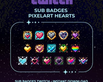 Retro Pixel Heart Sub Badges for Twitch: 16 Gamer Loyalty Icons (Digital Download)