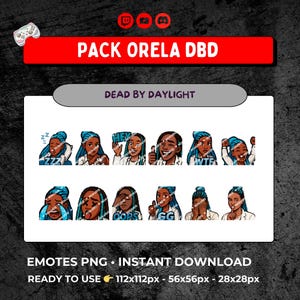 Puede incluir: Un paquete de arte digital con emotes que representan a una mujer con cabello azul. Los emotes muestran varias expresiones, incluyendo dormir, saludar y las frases "HEY" y "WTF". También está presente el texto "PACK ORELA DBD" y "DEAD BY DAYLIGHT".