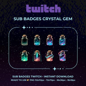 Puede incluir: Ocho insignias de suscripción de Twitch diferentes que presentan una gema de cristal dentro de una botella de vidrio. Las botellas son de varios colores, incluidos azul, rosa, verde y naranja. Las insignias están disponibles en cuatro tamaños: 112x112px, 72x72px, 36x36px y 18x18px.