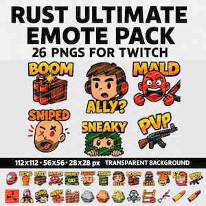 Puede incluir: Un conjunto de 26 emotes PNG para Twitch, con gráficos de dibujos animados y texto como "BOOM", "MALD" y "SNIPED". Los emotes incluyen varios personajes y objetos, con un fondo transparente.