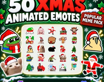 Op de afbeelding: Een digitale collectie van 50 XMAS ANIMATED EMOTES POPULAR MEME PACK voor Twitch en Discord. De afbeelding bevat diverse feestelijke figuren met kerstmutsen, waaronder kikkers, katten en vakantie-iconen, tegen een groene achtergrond.