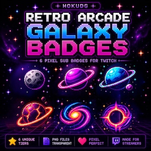 Planet Twitch Sub Badges – 6 Pixel Space Badges | Retro Arcade Galaxy Set