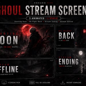 May include: A digital graphics pack titled GHOUL STREAM SCREENS featuring four dark, red-toned layouts with text including STARTING SOON, BE RIGHT BACK, STREAM ENDING, and STREAM OFFLINE, designed for streaming with a 1920x1080 resolution.