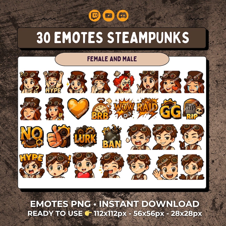 Steampunk Emotes Pack - 30 Pngs for Twitch & Discord | Female and Male ...
