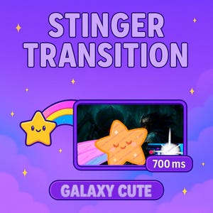 May include: A purple graphic with the words "STINGER TRANSITION" in white. A cartoon star and rainbow are on the left, and a screen with a star and the text "700 ms" are on the right. The text "GALAXY CUTE" is at the bottom.