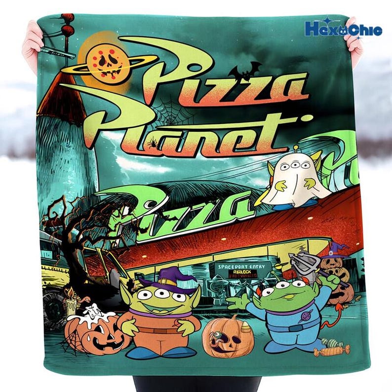 Vintage Aliens Toy Story Pizza Planet Blanket, Halloween Pizza Planet Fleece Blanket, Toy Story Blanket Gift for Boy And Girl, Woody Buzz image 2
