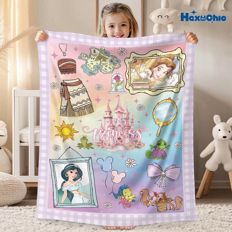 Personalized Disneyland Princess Blanket, Princess Girl Gift, Personalized Girly Gift Ideas, Disneyland Moana Belle Rapunzel Blanket image 1