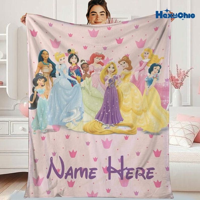 Personalized Disneyland Princess blanket, Watercolor Castle Coquette bows Blanket, Belle Rapunzel Tiana Ariel Elsa blanket, Birthday Gift Bild 2