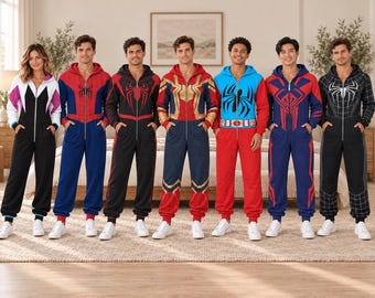 May include: Seven full-body jumpsuits featuring various superhero-inspired spider designs. Each one-piece garment includes a front zipper, long sleeves, and cuffed ankles, showcasing distinct color combinations like red, blue, black, white, and gold.