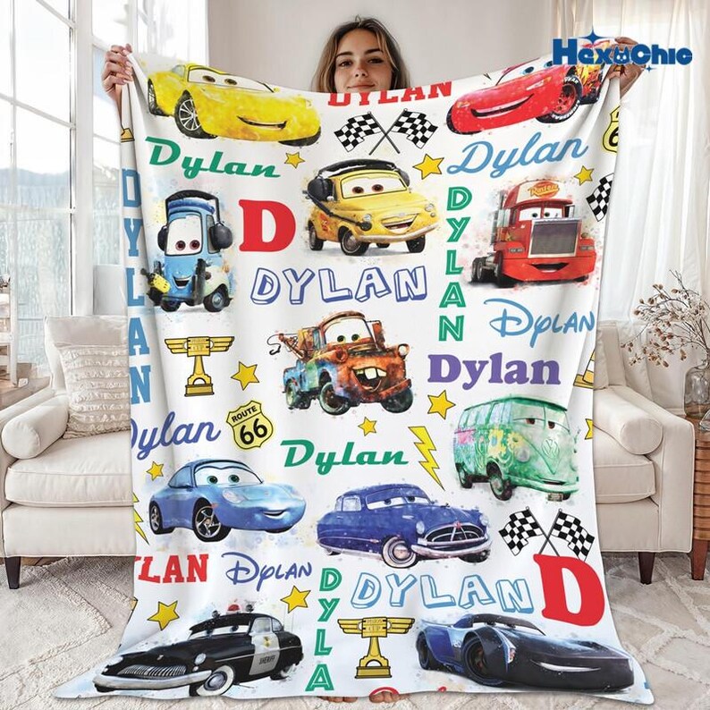 Custom Name Disneyland Cars Baby Blanket, Baby Shower Gift, Disneyland Home Decor,Birthday Gift for Kids,Lightning McQueen Tow Mater Blanket image 2