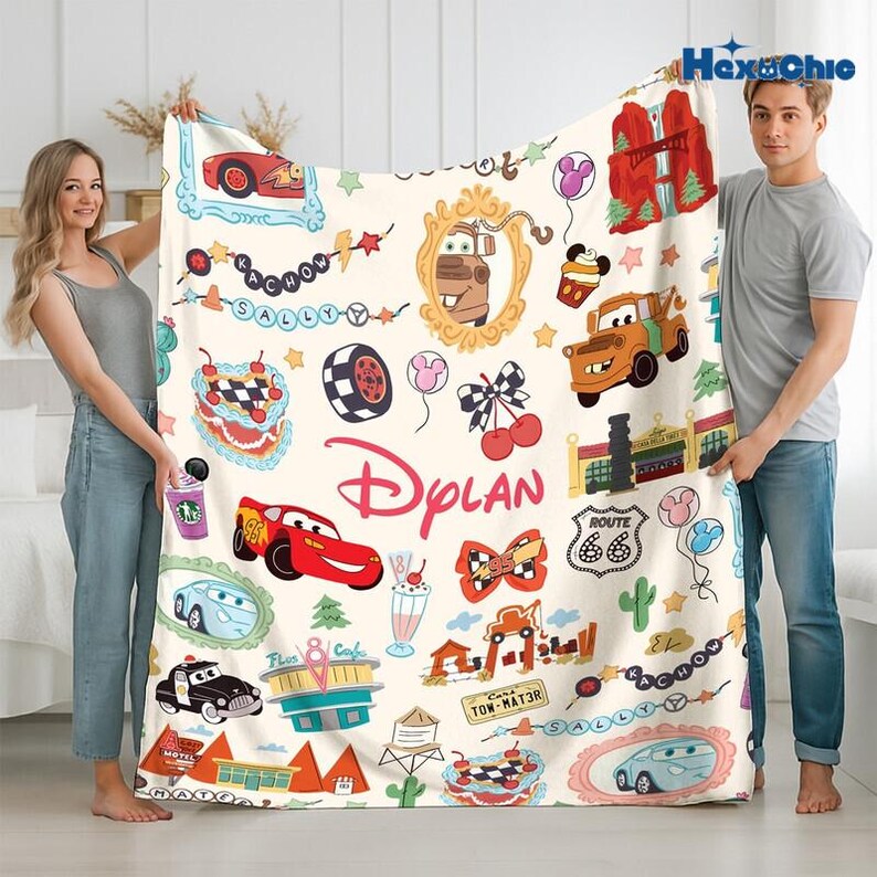 Personalized Watercolor Coquette Bows Pixar Cars Blanket, WDW Disneyland Cars Birthday Boy Blanket, Lightning McQueen Mater Hudson Blanket 画像 3