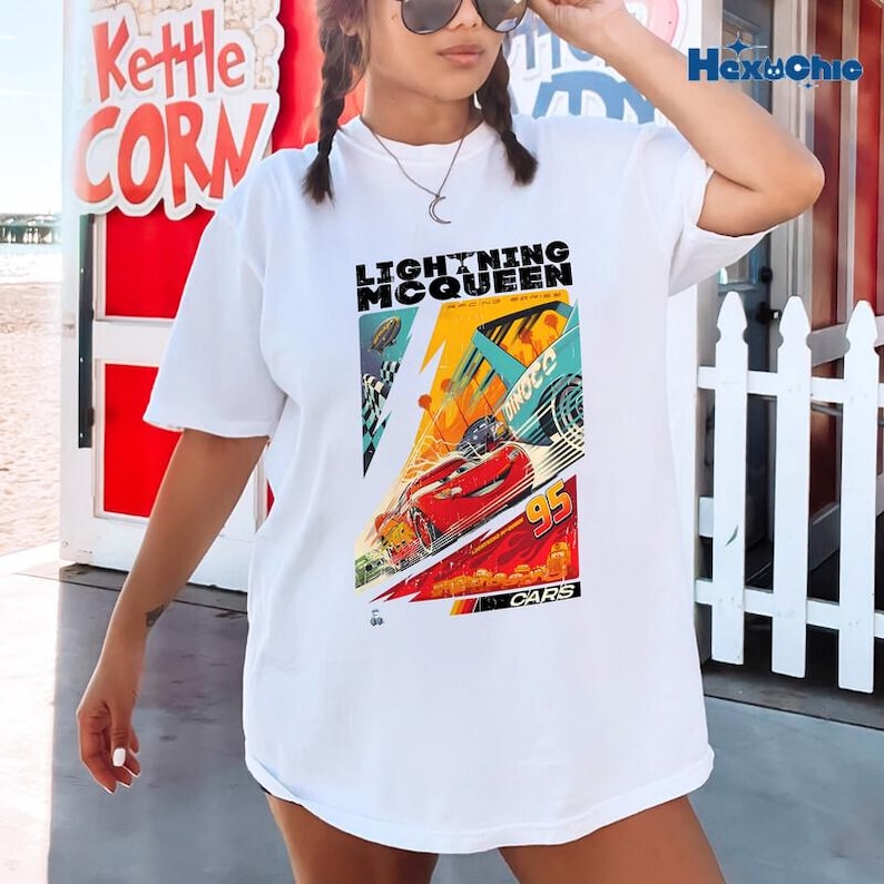 Retro Two Sided Lightning Mcqueen Comfort Colors Shirt, Disneyland Cars Shirt, Disneyland Pixar Cars Shirt, Cars Family Vacation 2026 Tee image 1