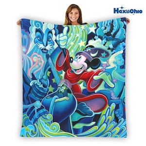 Disneyland Magical Mickey Mouse Warm Fleece Blanket, Fantasia Sorcerer Mickey Mouse Blanket, Magic Wizard Moon Beddin, Disneyland Fan Gift image 1