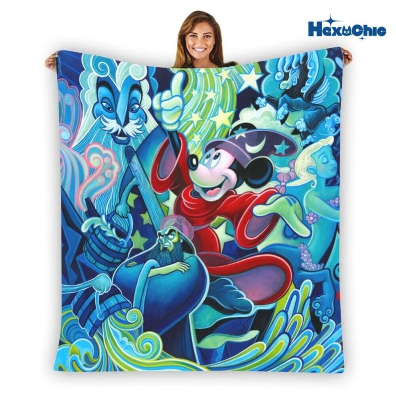 Disneyland Magical Mickey Mouse Warm Fleece Blanket, Fantasia Sorcerer Mickey Mouse Blanket, Magic Wizard Moon Beddin, Disneyland Fan Gift image 1
