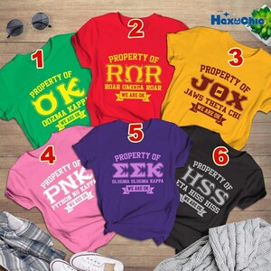 May include: Six short-sleeved t-shirts in green, red, yellow, pink, purple, and black, each featuring a unique Greek-letter inspired design with the text Property of, a three-letter acronym, a fraternity or sorority name, and We Are OK.
