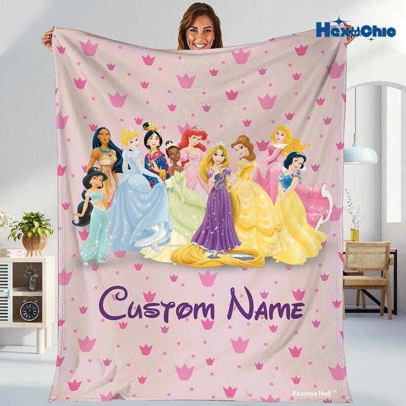 Personalized Disneyland Princess blanket, Watercolor Castle Coquette bows Blanket, Belle Rapunzel Tiana Ariel Elsa blanket, Birthday Gift Bild 1