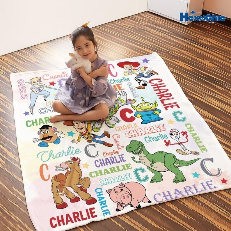 Custom Name Toy Story Character Blanket, Disneyland Toy Story Fleece Blanket, Woody Jessie Buzz Lightyear Blanket, Birthday Boys Girls Gift image 1