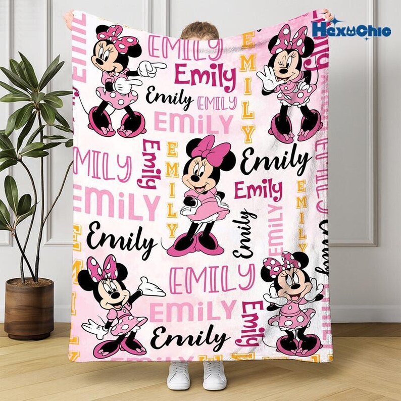 Personalized Watercolor Minnie Mouse Blanket, Custom Name Disneyland Minnie Blanket, Minnie Birthday Gifts, Disneyland Christmas Blanket image 3