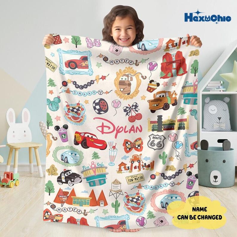 Personalized Watercolor Coquette Bows Pixar Cars Blanket, WDW Disneyland Cars Birthday Boy Blanket, Lightning McQueen Mater Hudson Blanket 画像 1