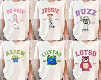 Retro Disneyland Pixar Toy Story 5 All Characters Shirt, Woody, Buzz, Jessie, Bo Peep, LiLypad, Personalized Family Matching Tee