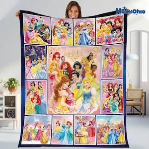 Personalized Disneyland Princess Blanket, Princess Girl Gift, Personalized Kid Blanket,Girly Gift Ideas, Cinderella Ariel Belle Blanket image 1