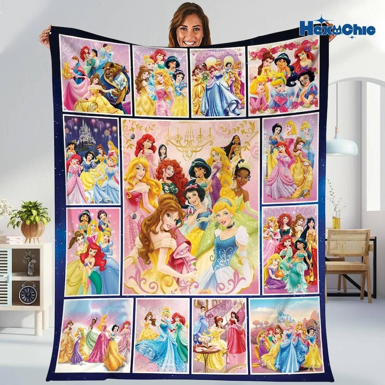 Personalized Disneyland Princess Blanket, Princess Girl Gift, Personalized Kid Blanket,Girly Gift Ideas, Cinderella Ariel Belle Blanket image 1