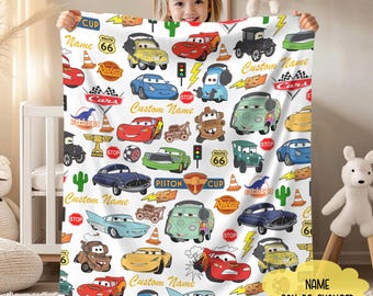 Custom Name Cars Lightning McQueen Fleece Blanket, Cars Characters Throw Blanket, Cars Movie Blanket, Cartoon Cars Blanket, Birthday Gift