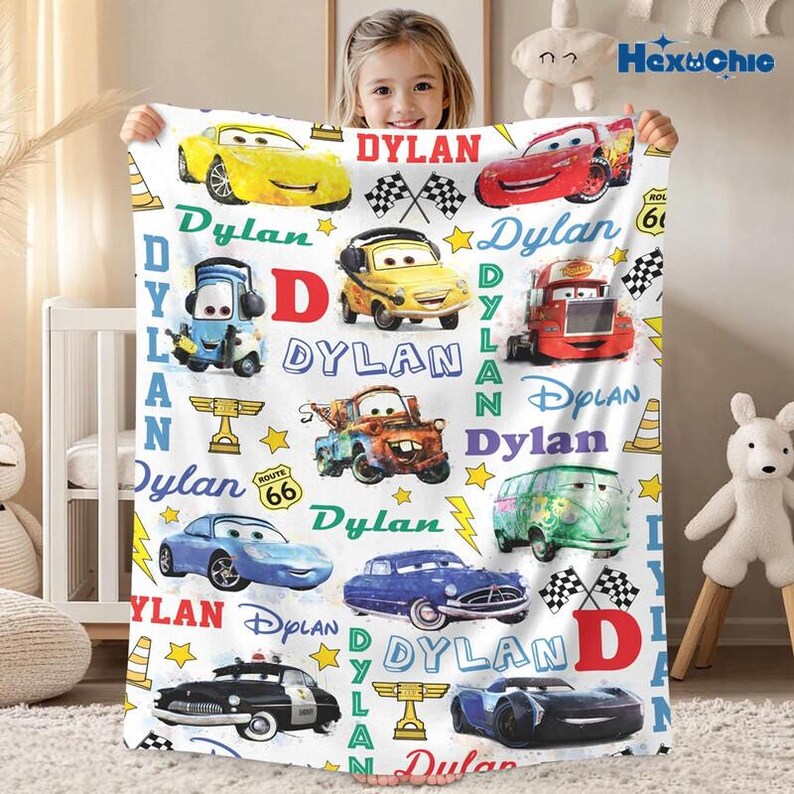 Custom Name Disneyland Cars Baby Blanket, Baby Shower Gift, Disneyland Home Decor,Birthday Gift for Kids,Lightning McQueen Tow Mater Blanket image 3