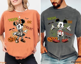 Retro Mickey Minnie Mouse Skeleton Comfort Colors Shirt, Halloween Couple Shirt, Trick Or Treat Shirt, Disneyland Halloween, Halloween Party