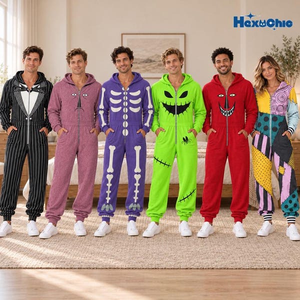 Könnte beinhalten: Sechs Kapuzen-Jumpsuits mit Reißverschluss und verschiedenen Charakterdesigns. Von links nach rechts: ein schwarz-weiß gestreifter Anzug, ein malvenfarbener Anzug mit Gesicht, ein violetter Skelett-Anzug, ein hellgrüner Anzug mit Gesicht, ein roter Anzug mit Gesicht und ein mehrfarbiger Patchwork-Anzug.