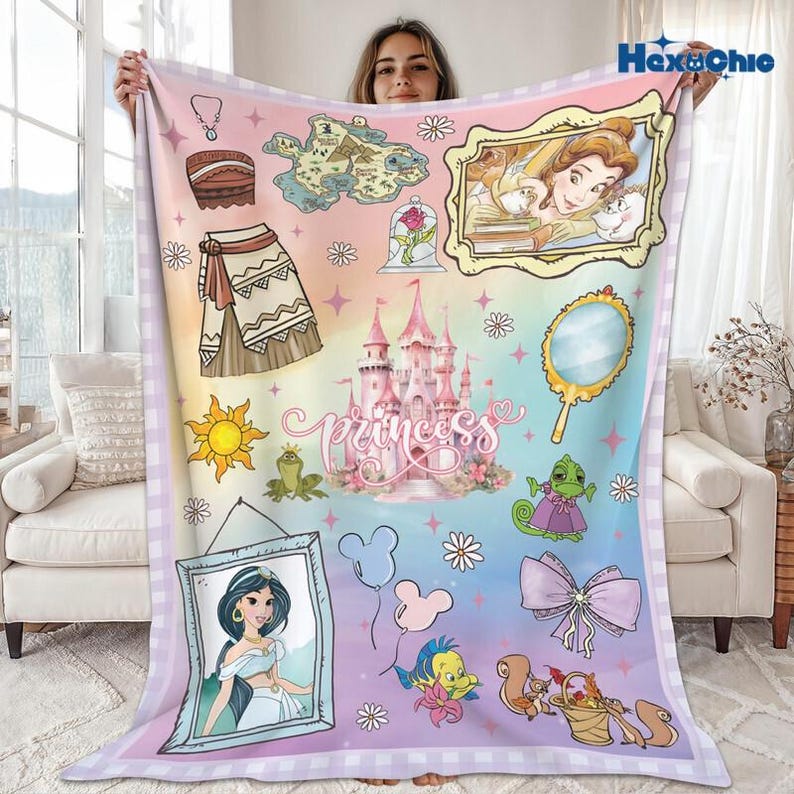 Personalized Disneyland Princess Blanket, Princess Girl Gift, Personalized Girly Gift Ideas, Disneyland Moana Belle Rapunzel Blanket image 3