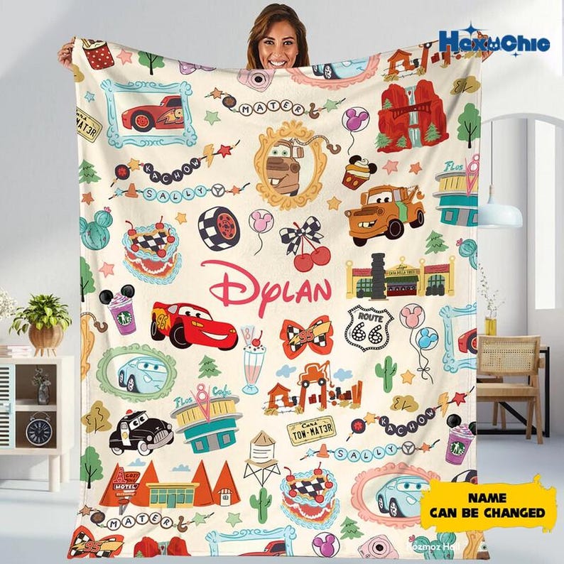 Personalized Watercolor Coquette Bows Pixar Cars Blanket, WDW Disneyland Cars Birthday Boy Blanket, Lightning McQueen Mater Hudson Blanket 画像 2