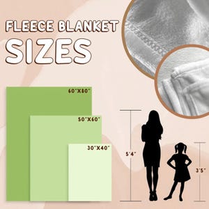 The image is a size chart for a fleece blanket, with illustrations of the blanket in different sizes and corresponding measurements.